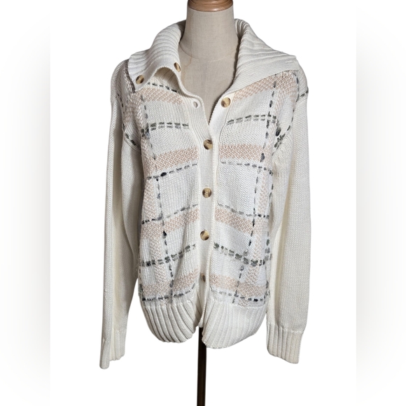 Dressbarn White and Gray Plaid Y2k Cardigan Sweater - Picture 1 of 6